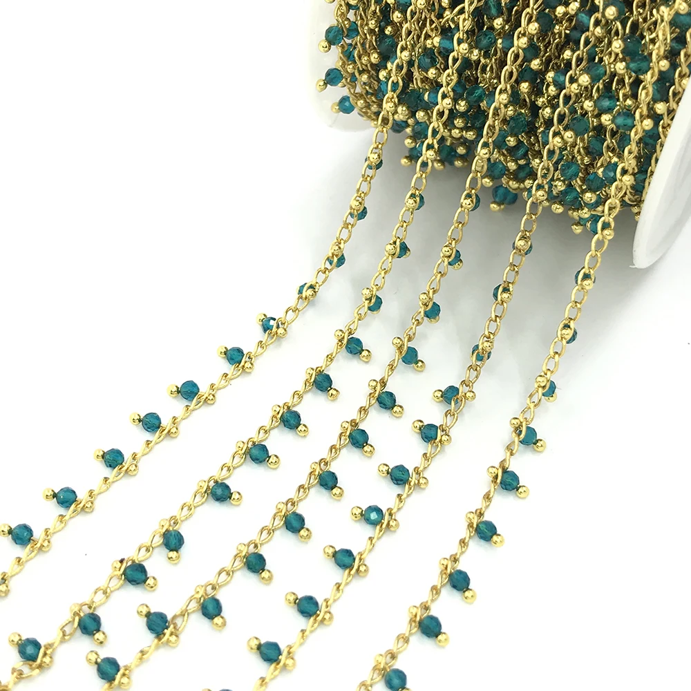 wholesale rare earth material handmade beads chain wire wrapped glass beads chain ,mini round beaded brass chain