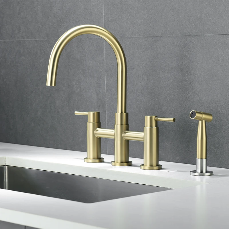 Custom Deck Mounted Nickel Brushed Stainless Steel Double Handle Two Lever Pull down Kitchen Faucet Basin Faucets Kitchen Bridge