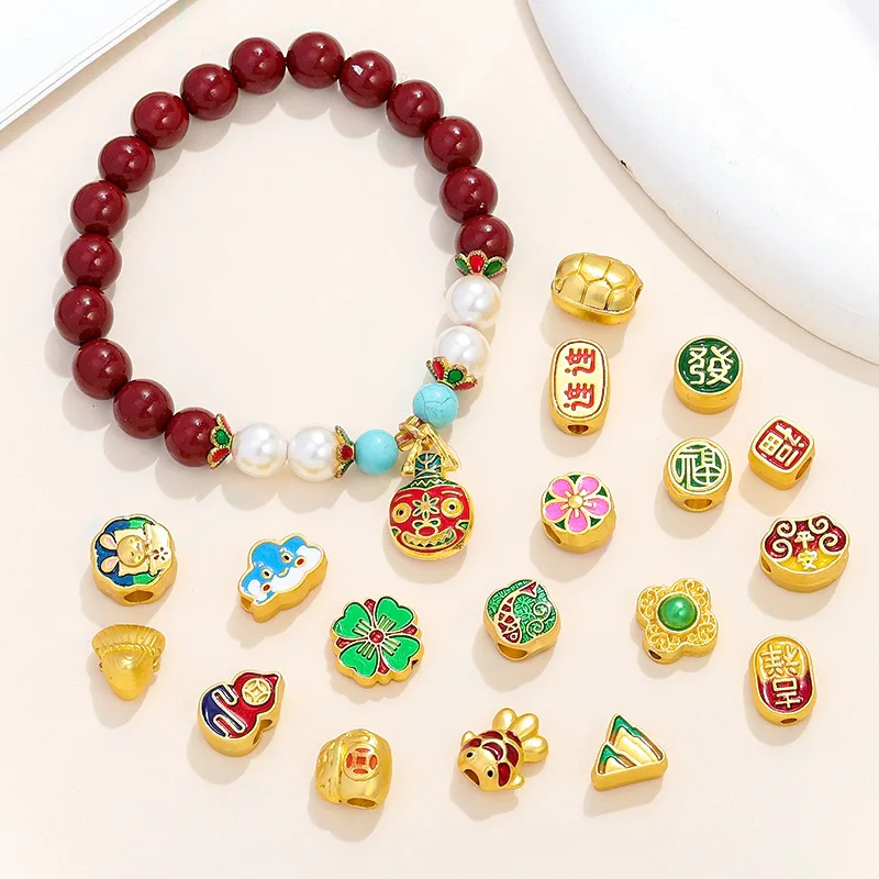 2024 Chinese Style Ancient Method 18K Real Gold Pendant Copper Plated Dripping Oil DIY Beaded Bracelet Necklace Caps