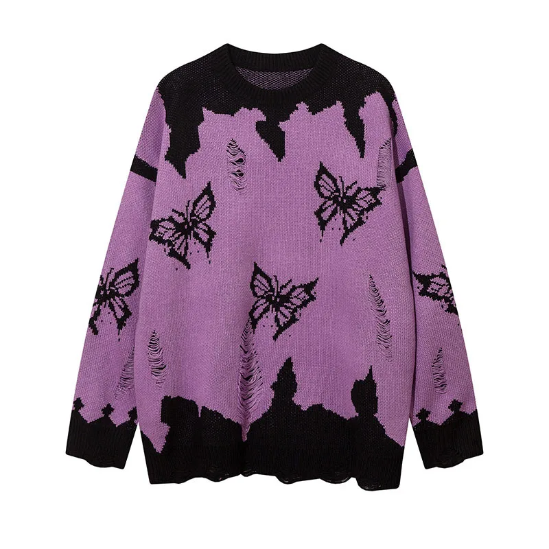 High Quality Autumn and winter Trendy Black Butterfly Jacquard Soft and Waxy Knitted Oversized Couple Sweater