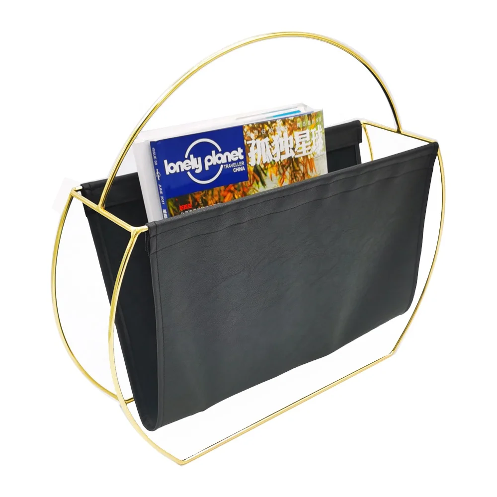 
Decorative modern portable luxury Gold Wire Black Pu Leather Newspaper Magazine Rack 