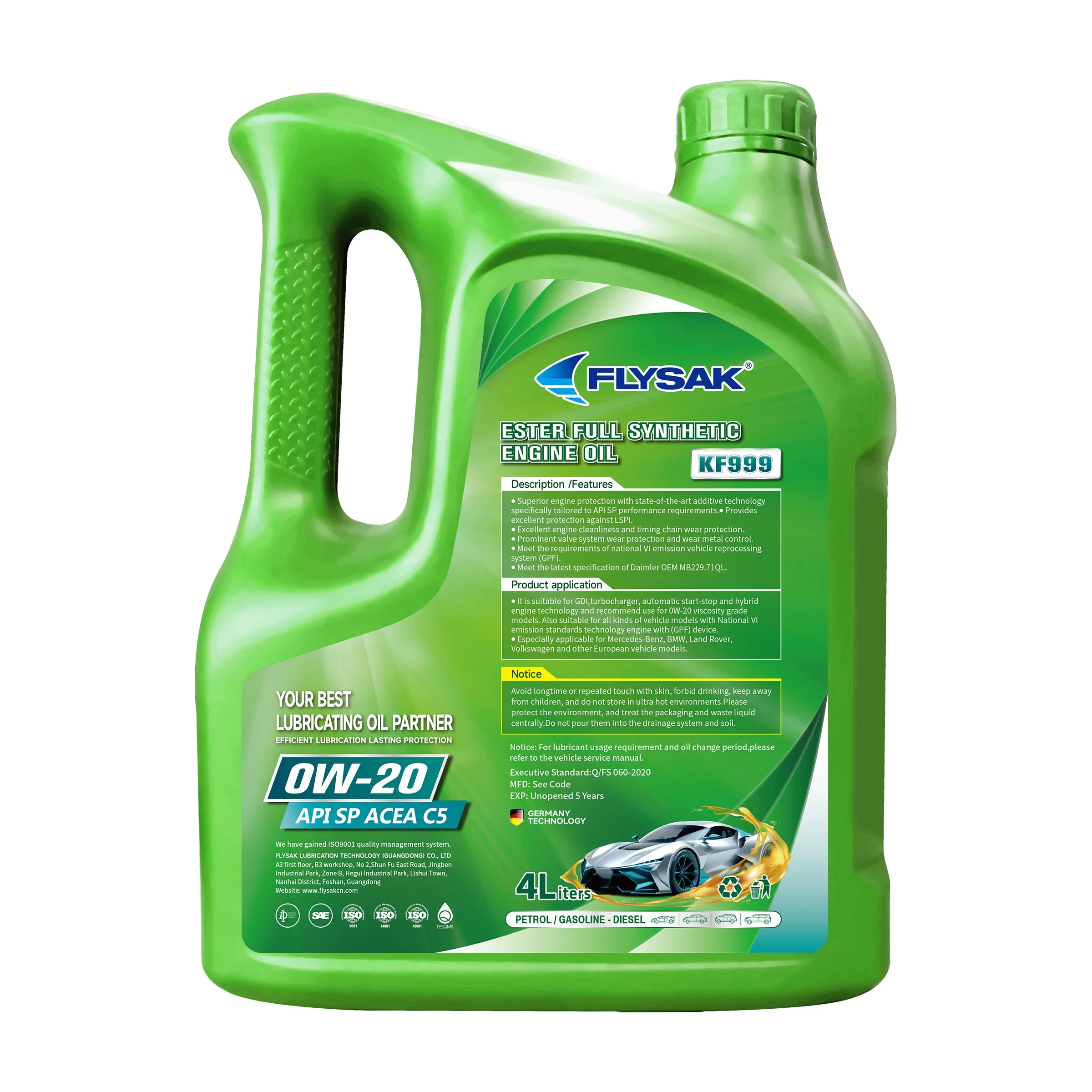 factory direct sale FLYSAK KF999 fully synthetic ester engine oil c5 sp 0w-20 4l