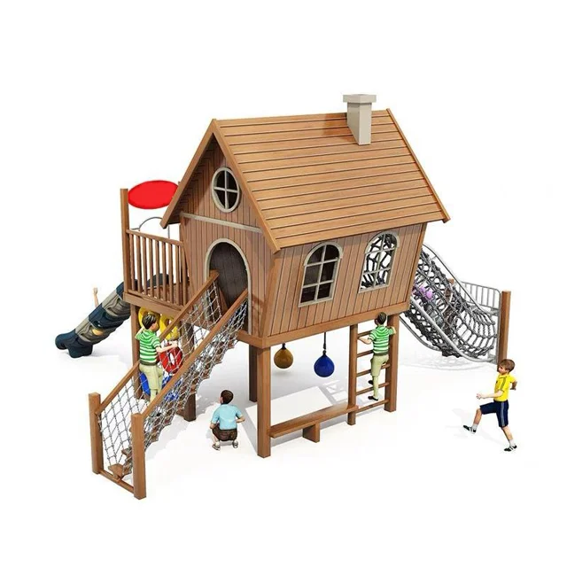 Kids Garden Outdoor Children Slide Large Set Wooden Tree House Children Climbing Play Station for Schools Early Years Park
