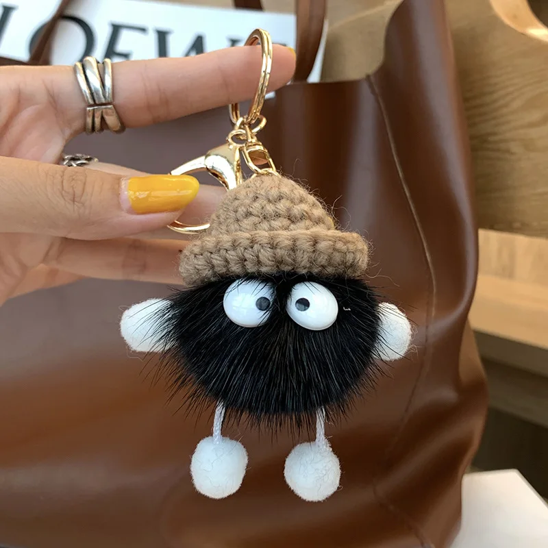 Cute Wear Hat Pompom Black Small Coal Mink Pom Poms Wear Hat Key Chain Keychain