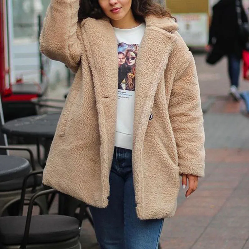 Winter Faux Lamb Fur Coats Women Elegant Side Pockets Mid Length Jackets Women Loose Double Breasted Coats Ladies