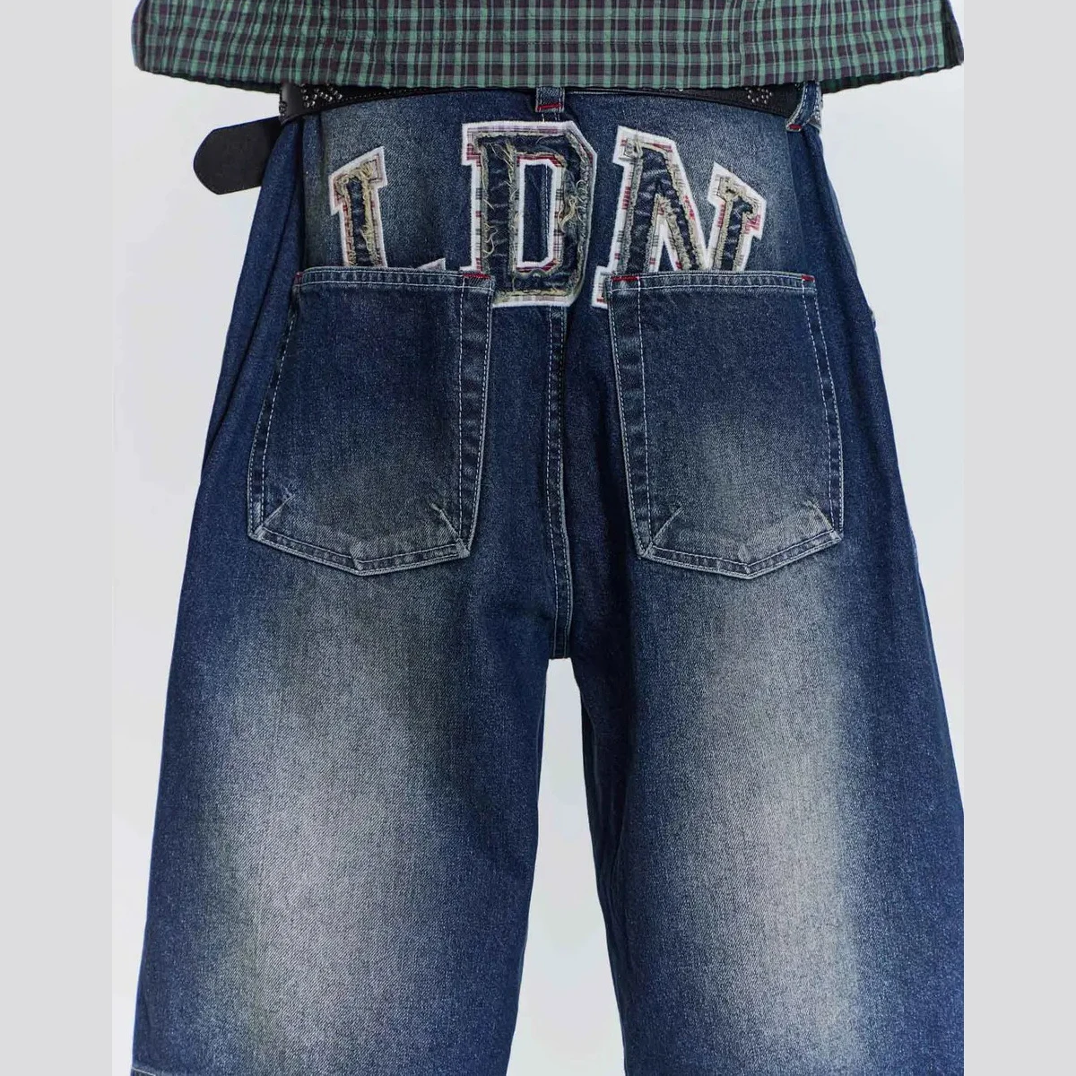 Applique Embroidery Patch None Stretch Baggy Denim Shorts Rise Oversized Jeans Shorts Acid Wash Distressing Denim Jorts for Men