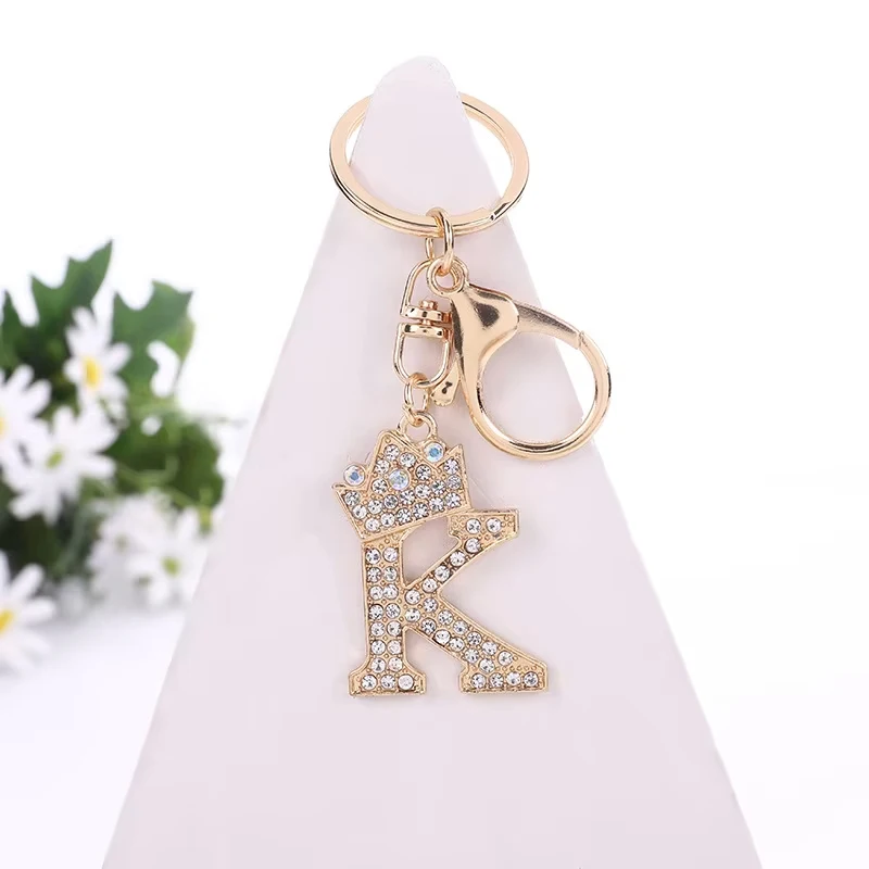 Wholesale women fashion A-Z letter key chain crystal crown alphabet rhinestone initial keychain letter keychain