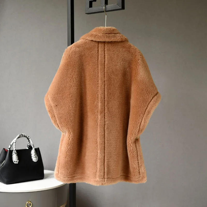 Custom Made Wholesale Loose Long Lamb Fur Poncho Cape Fashion Winter Women Lamb Sheep Wool Fur Coat