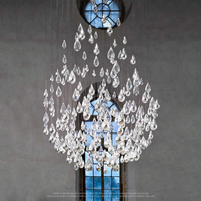 Postmodern Luxury Glass Chandelier Light ODM OEM Clear Gold Waterdrop Crystal Pendant Lamp Hotel Restaurant Hall Lobby Villa