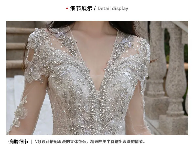 Heavy industry wedding dress spring bride V-neck senior sense big tail engagement banquet net red style long-sleeved dress