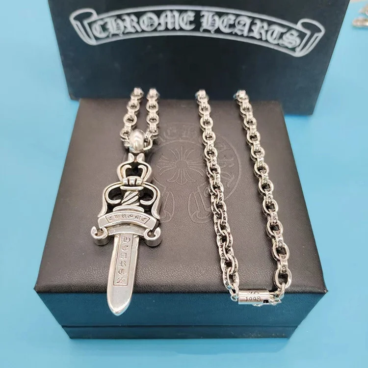 Vintage chrome heart necklace jewelry Cross pendant long cross double pendants retro Thai silver necklace for man