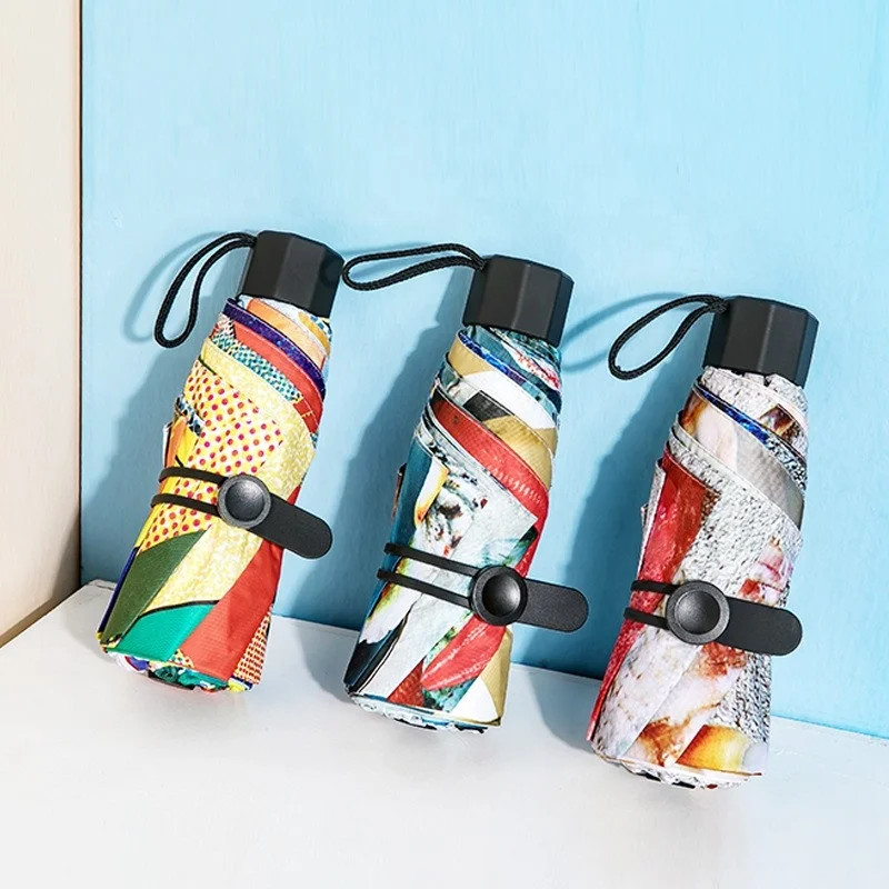 New Creative Fashion Sea World Printing Mini Carries Pocket Handle Five Fold Umbrella  UV Protection Folding Sun Umbrella