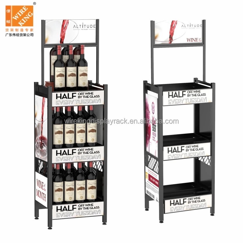 Factory wholesale Floor Type Supermarket Red Wine Beer Bottle Display Shelf Whiskey Drinks Display Rack