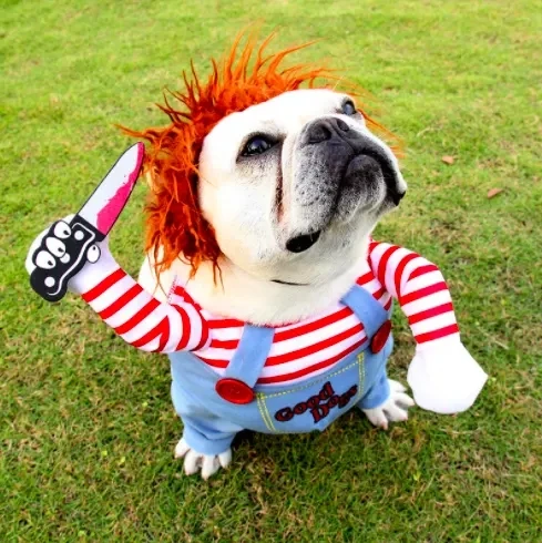 Hot selling funny pet chucky dog clothes cute doll Holding a Knife Halloween pet dog Costume