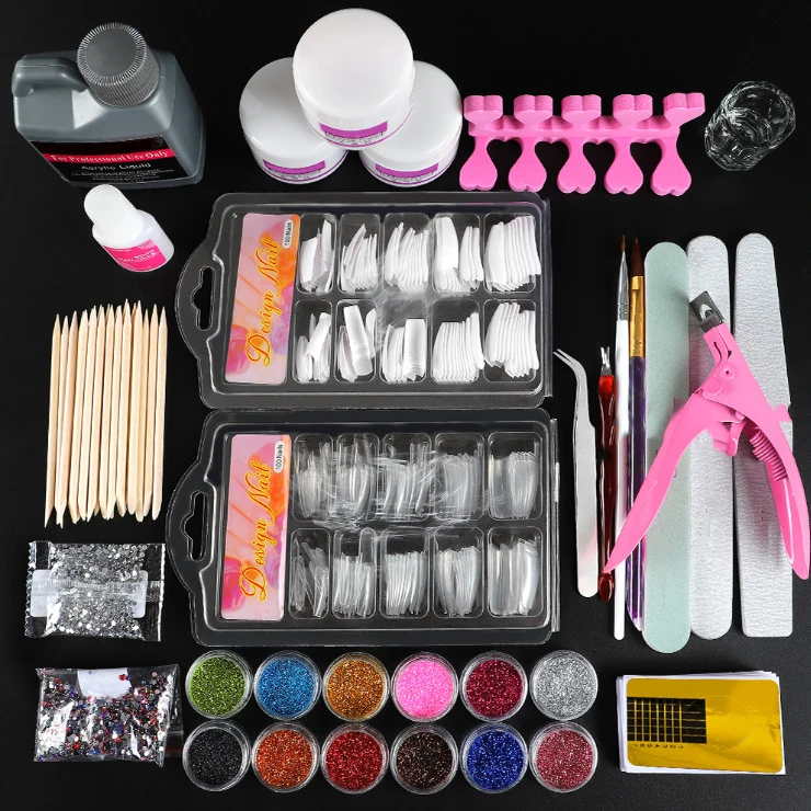 Acrylic Nail Art Tools Decoration Manicure Kit, with Acrylic Powder Nail Flowers Monomer Glitter Nail Rhinestones Decoration