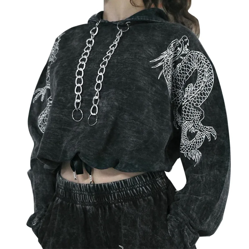 Dragon Print Long Sleeve Gothic Street Club Sexy Black Hoodies Women Loose Cropped Sweatshirt Autumn Short Pullover Clothes