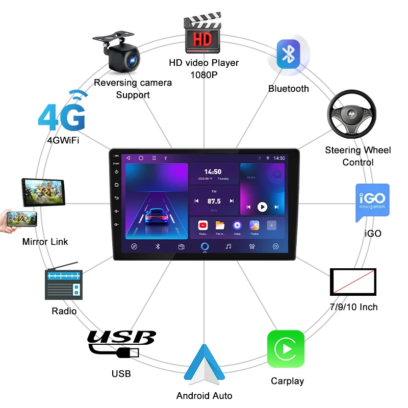 TS18 7/9/10 Inch Android10 Car Radio Multimedia Player Car Radio Built-In GPS Navigation Car Wireless Carplay Auto DVD Player