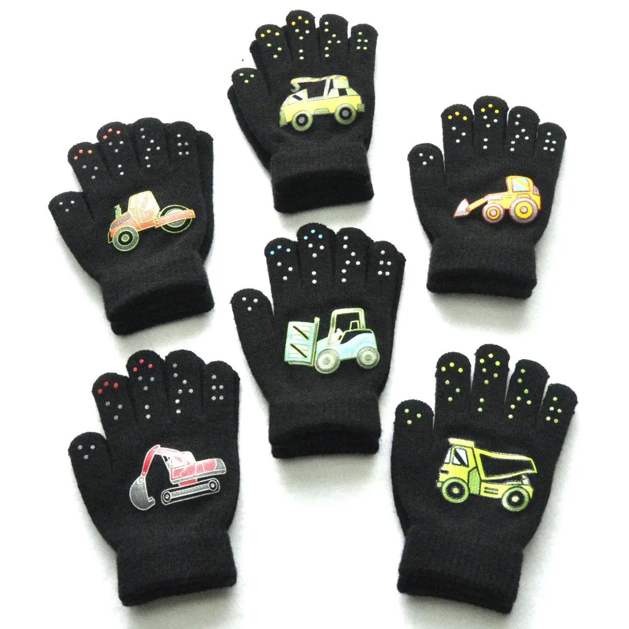 5-11 year old children warm outdoor sport velvet thickened gloves in winter cartoon engineering car pattern knitted gloves