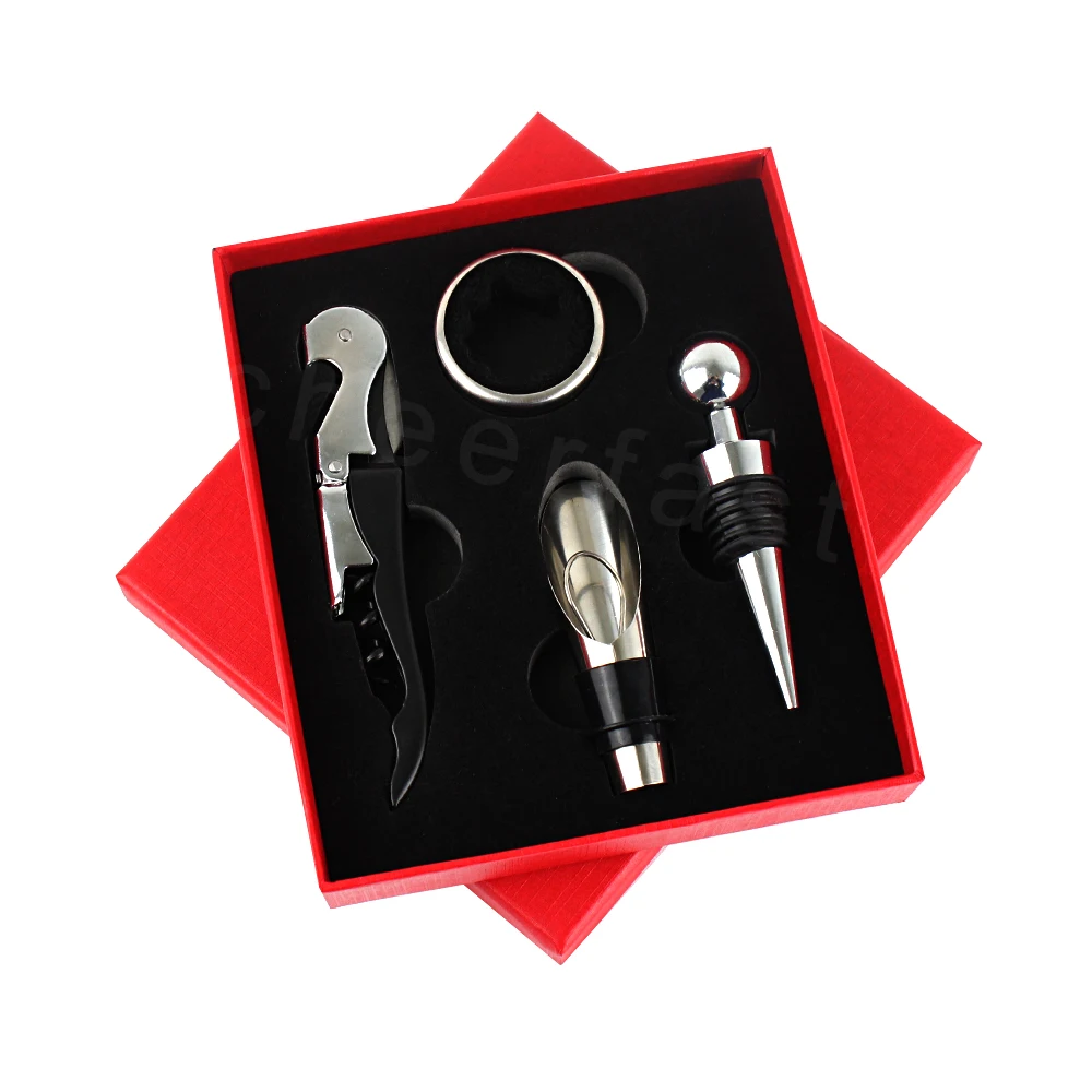 Customized logo and package wine bottle accessory gift set opener stopper corkscrew and corkscrew and wine stopper set