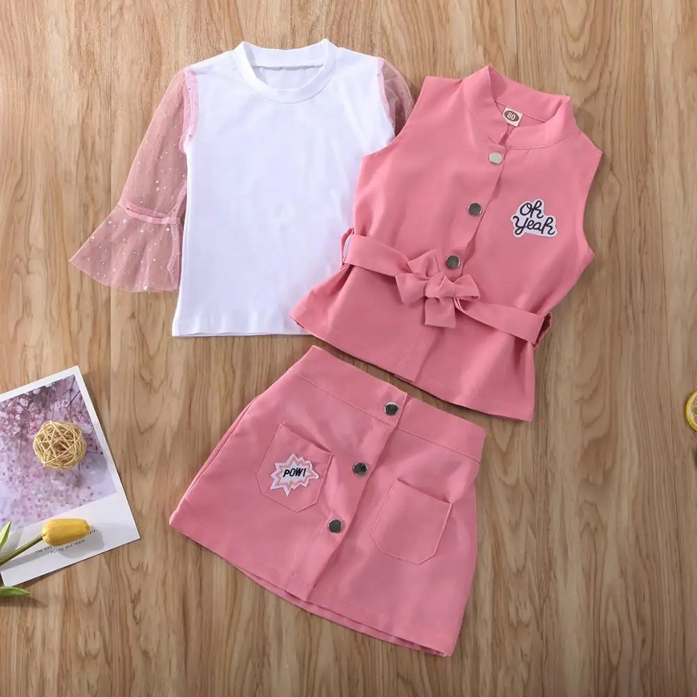 Elegant Girl Clothes 2020 Toddler Baby Kid Girls Set Vest Coat Lace Flare Sleeve +Vest Tops Shirt +Mini Skirts 3pcs Outfits