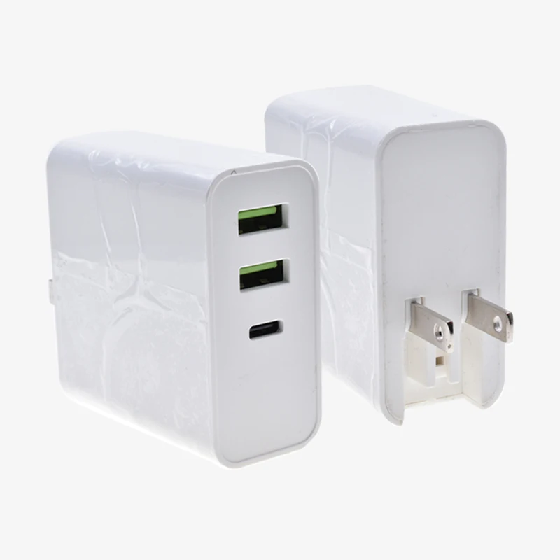 US Power Plug Adapter Two USB One Type-C Port 65W Fast Charge For Laptop Mobile Phone White