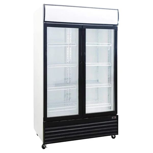 Cheap Price Supermarket Refrigerated Showcase 2 Glass Doors Vertical Cold Drink Cooler Display Freezer