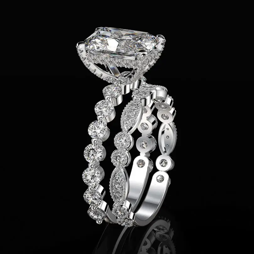 18K White Gold Round Diamond Ladies Bridal 925 Silver Engagement Ring Set With Matching Band