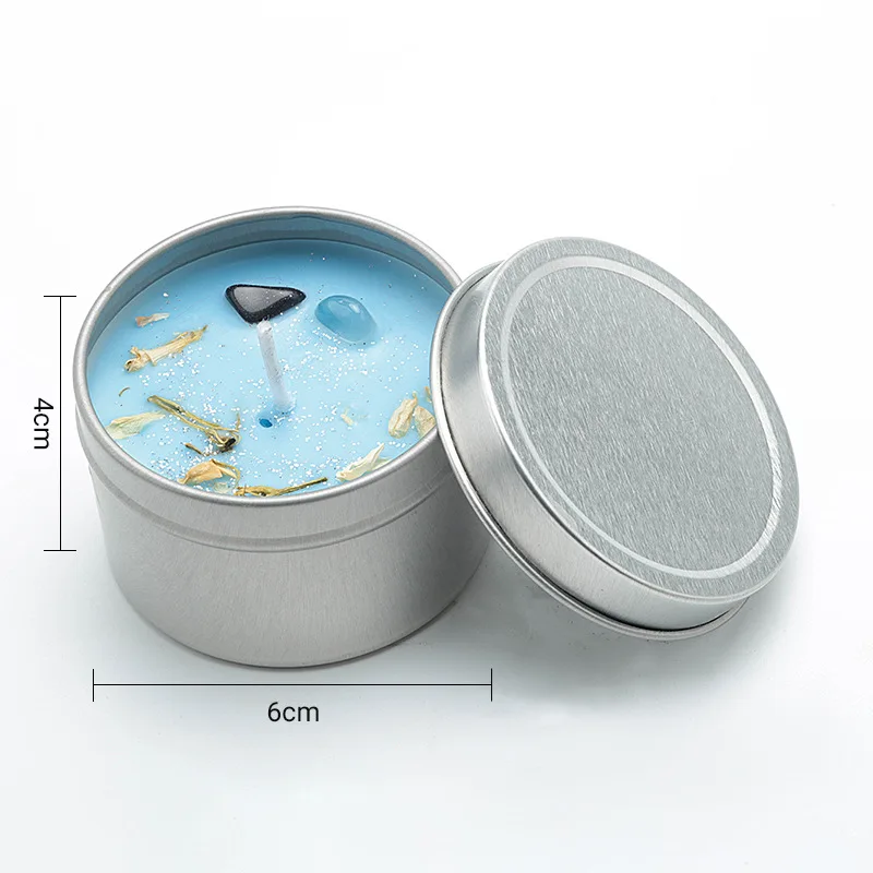 Hot Selling Dried Flower Candle With Crystals Wholesale Chakra Black Iron Tin Scented Candle For Wedding Gift Home Decoration