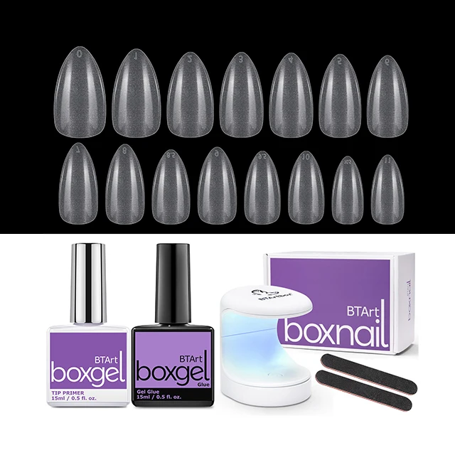 BTartbox UV Lamp Gel Glue Nails Tips Kit Acrylic XL NO C Curve Almond Nail Tips Fake Nails With Glue