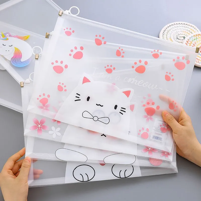 Girls A4 File Folder For Document Kawaii Cute School Supplies PP Storage Zipper Bag