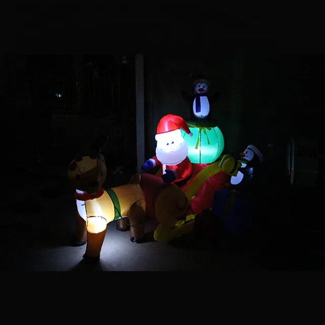 180cm high Christmas inflatable Santa and penguin on inflatable sleigh