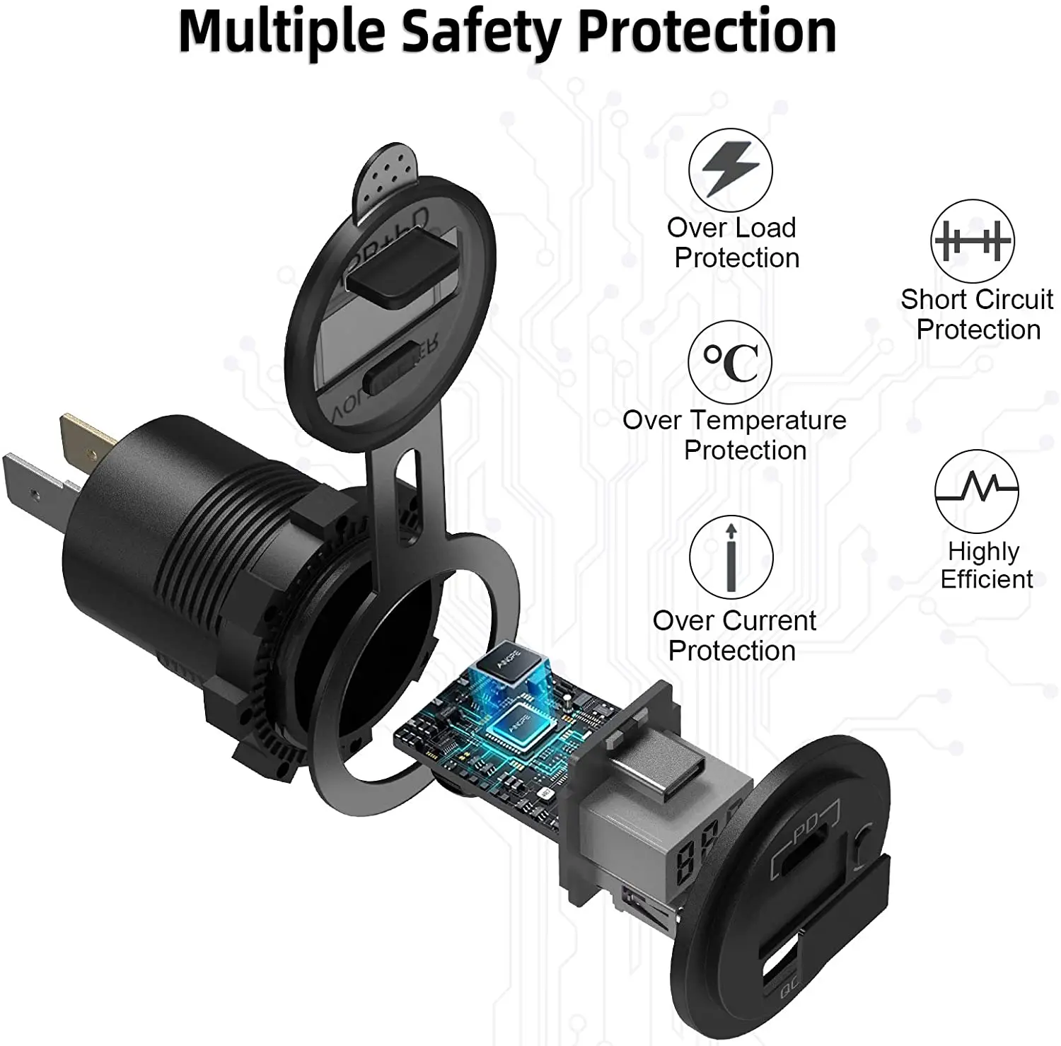 48W 12V Dual USB Автомобильное зарядное устройство розетки PD3.0 Type-C & QC3.0 розетка со светодиодной Вольтметр и переключатель включения/выключения быстрое