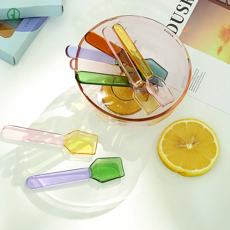 Custom Colorful borosilicate glass Yogurt Green Pink Reusable ice cream spoon long handle stirring coffee spoon dessert