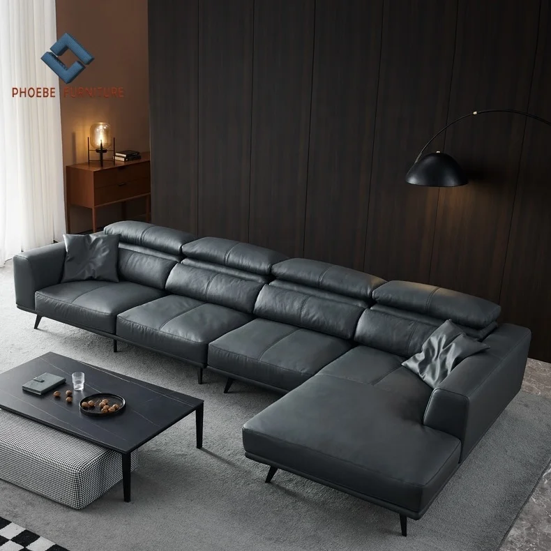 High end import genuine leather home furniture living room l shape sofa fabric 4 seat chesterfield couch