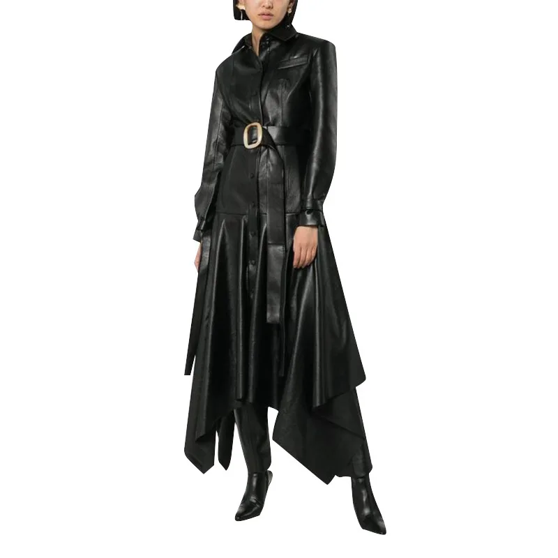 
XXL-6844 Good Quality Good Price Black Women Fashionable Outdoor Slim Pu Long Dresses And Skirts long sleeve leather dress 