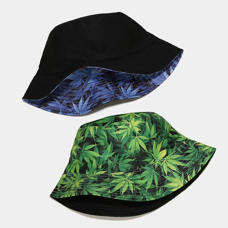 Outdoor Sport Autumn Spring Adult 3D Digital Print Plant Maple Green Weed Leaf Marijuana Bucket Cap Hat Reversible for Men Women