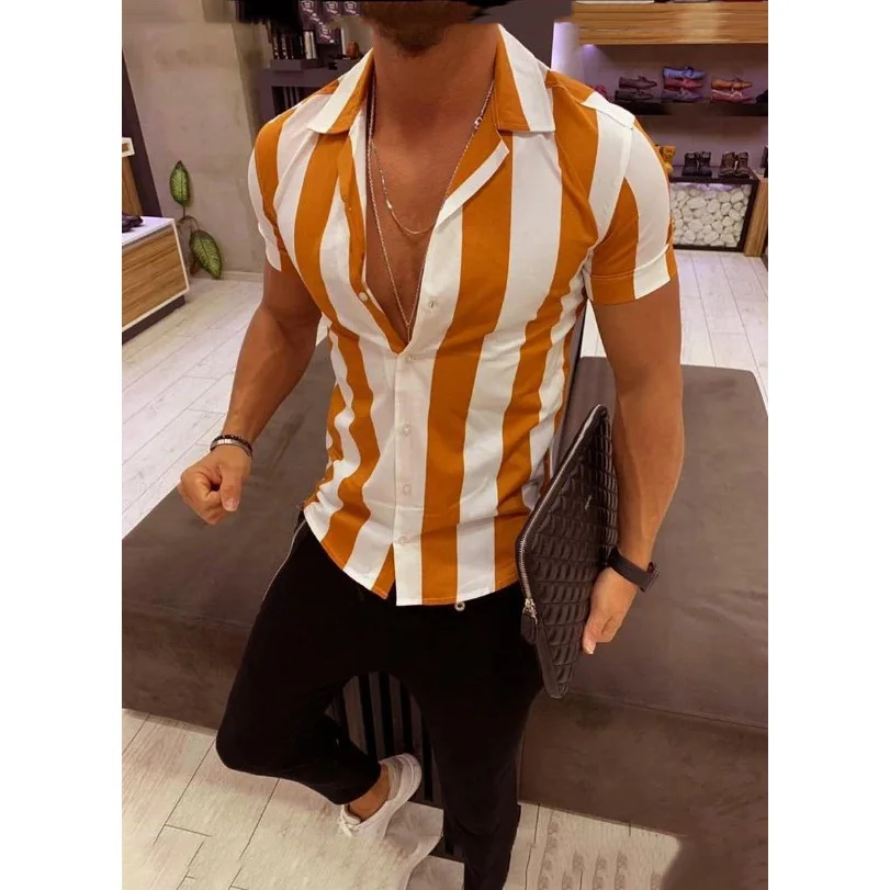 201014M-5XL Foreign trade male printed shirt European and American summer striped color matching mercerized cotton loose shirt m