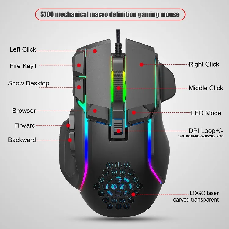 10D 6level Adjustable 12800DPI 13RGB Lighting Mode Wired Programmable Gaming Mouse Gamer Wired Mouse