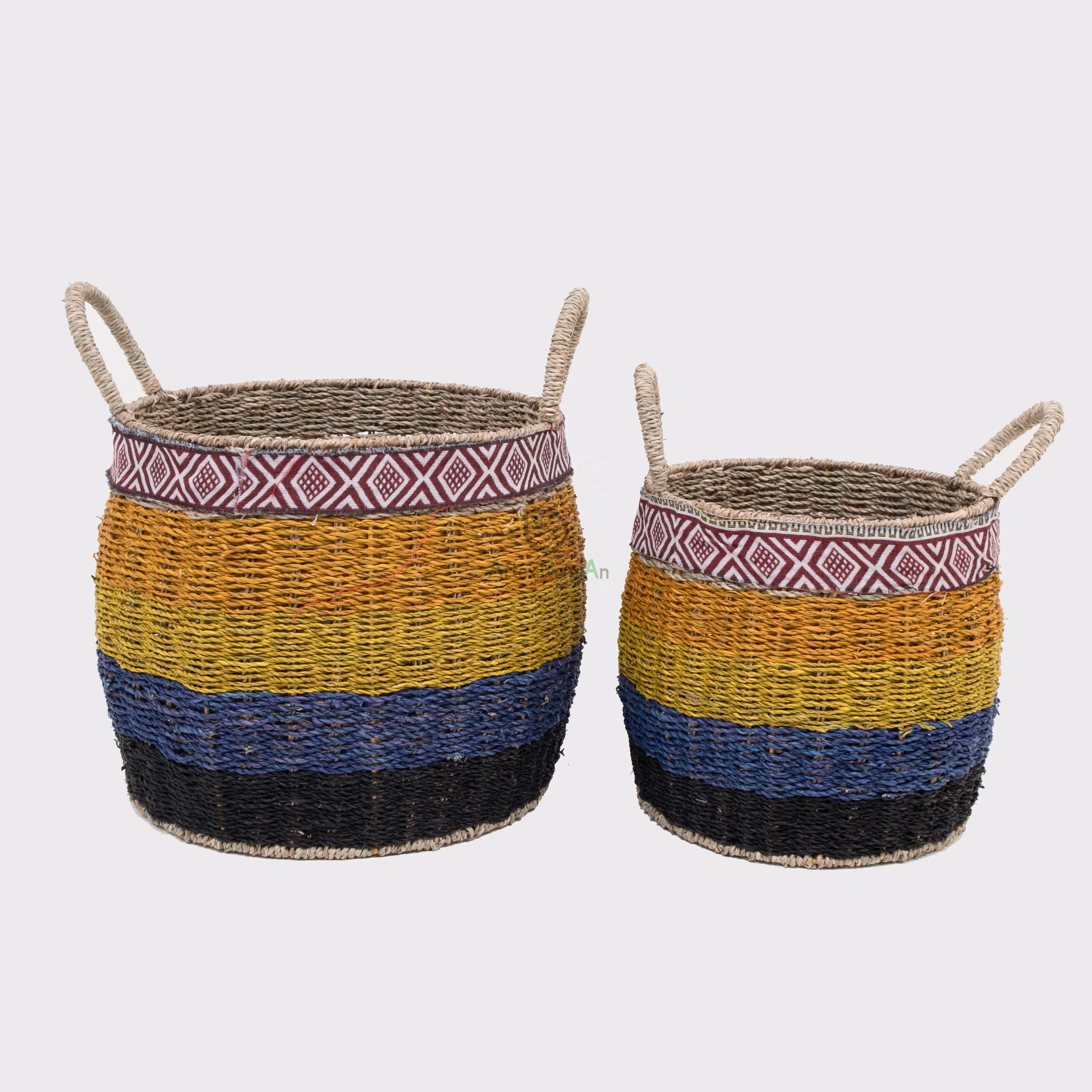 Boho decor round small seagrass african basket also woven storage laundry basket with handles wholesale