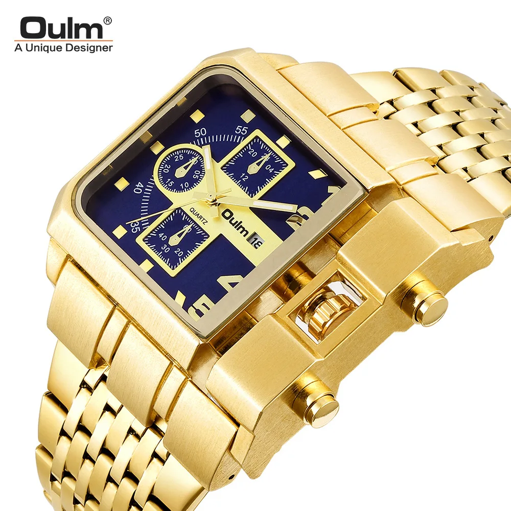 Oulm Hp3364B Large Dial Military Luxury Mens Style Casual Luminous Multifunction Alloy Quartz Square Gold Watches