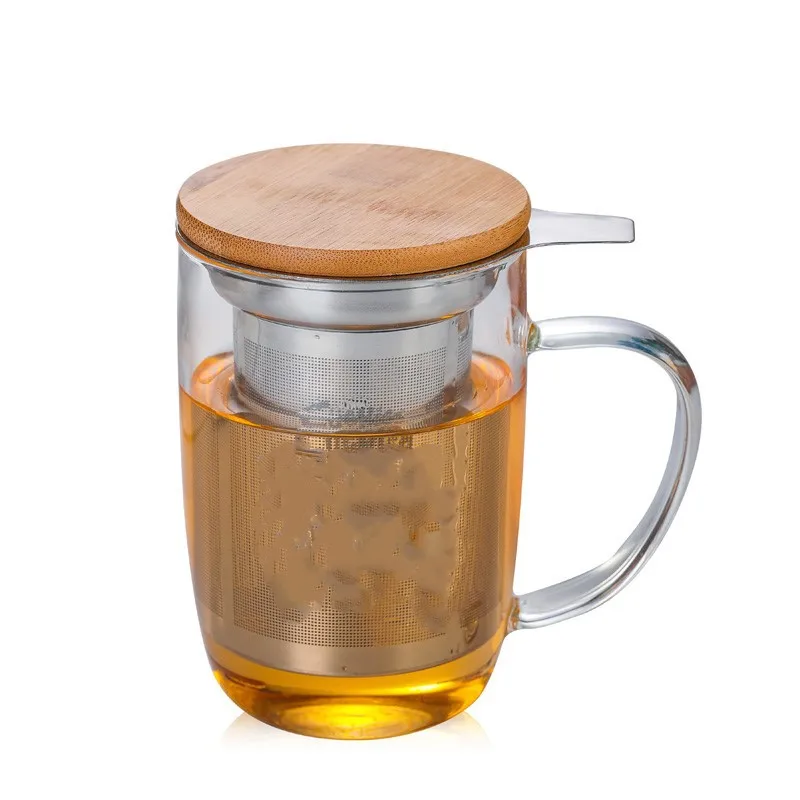 Promotional Christmas Gift Tea Infuser Cup Borosilicate Tea Glass Mug Cup With Stainless Steel Tea Infuser and Wooden Lid