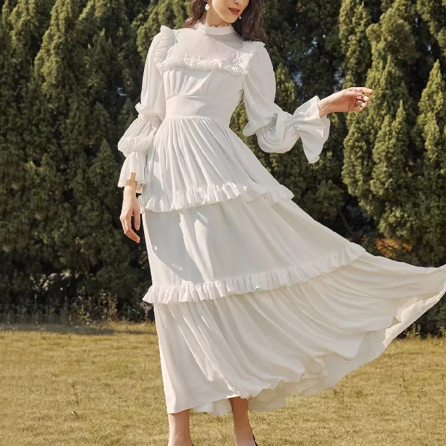 Fashion Casual Women Street Wear Long Gathered Sleeve Layered Ruffle Maxi Dress