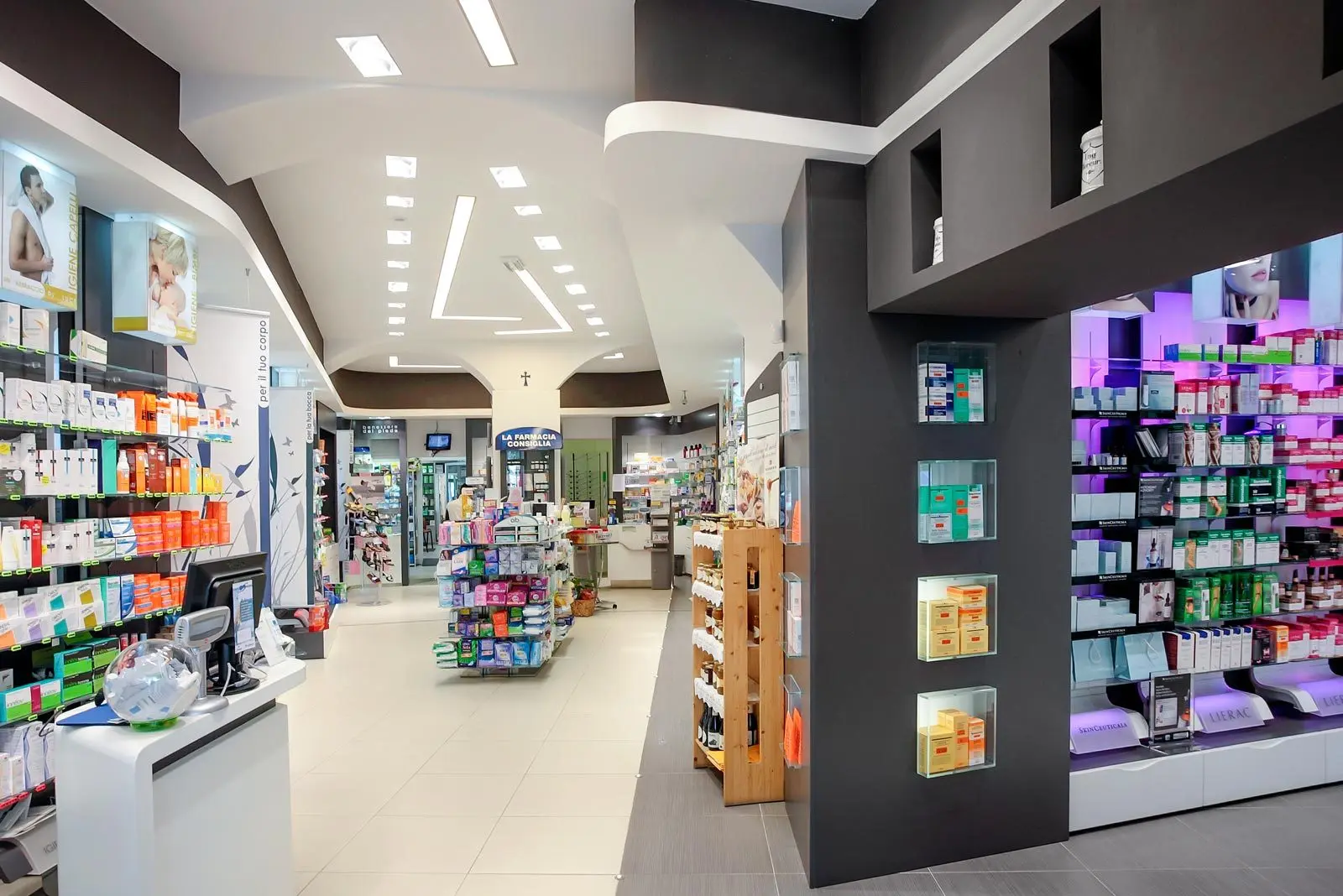 Cosmetic shop interior decoration design cosmetic shelf pharmacy for store