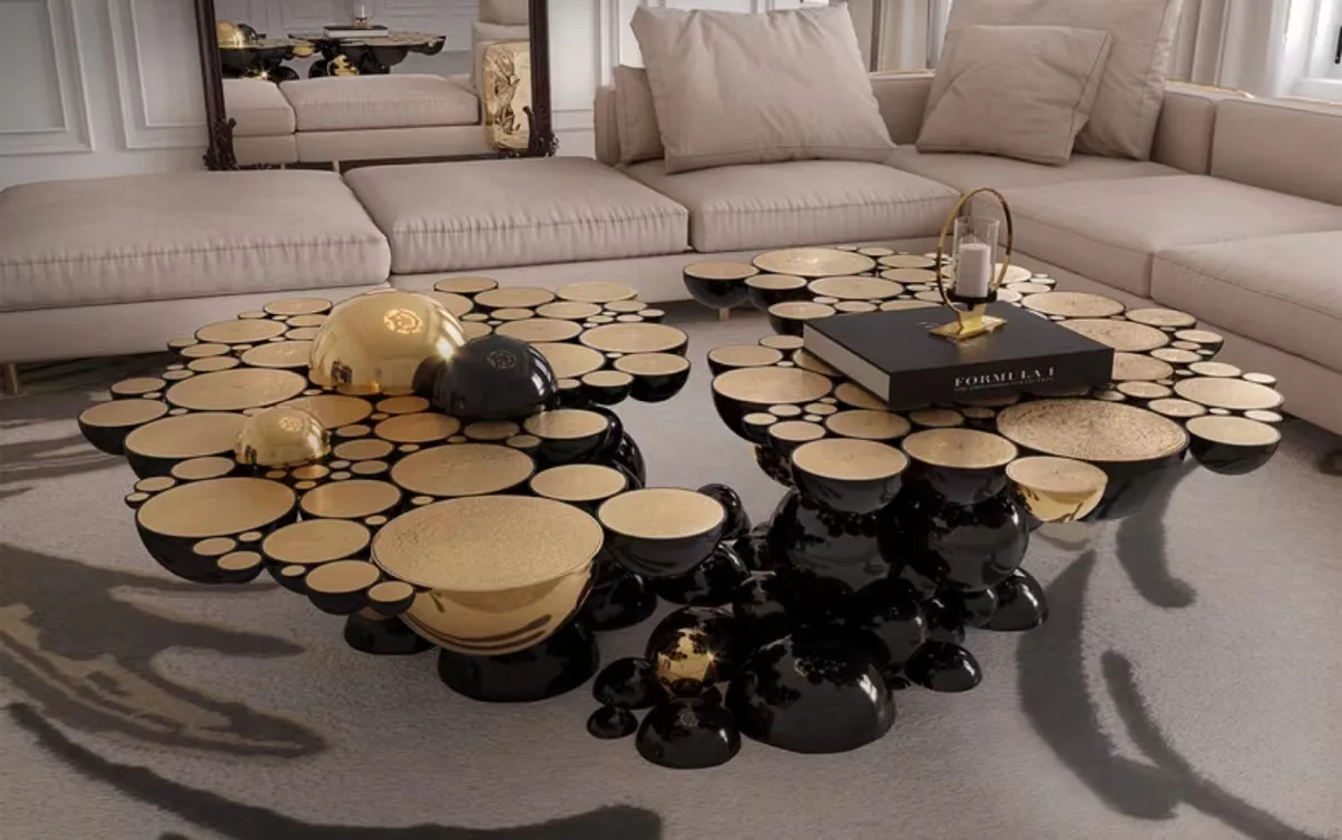 BOCADOLOBO Newton Center Table Art Luxury Irregular Shape Etching Stainless Steel Brass Oval Coffee Table Living Room