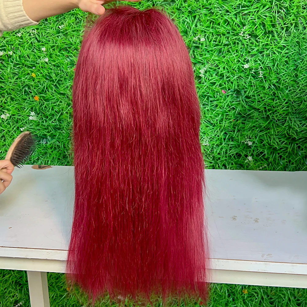 Red Color Human Hair Wigs with Bangs Straight Lace Front Wigs Cuticle Brazilian Virgin Hair Glueless Lace Wigs Bleached Knots