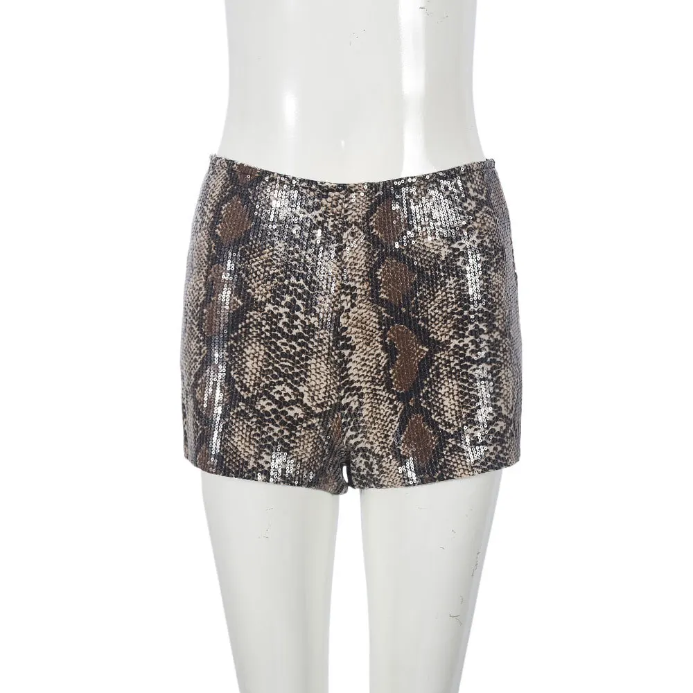 2025 New Autumn Sequins Leopard Print Shorts Women Hipster Sexy Low Waist Stretch Hot Pants Midnight Club Casual Bottoms