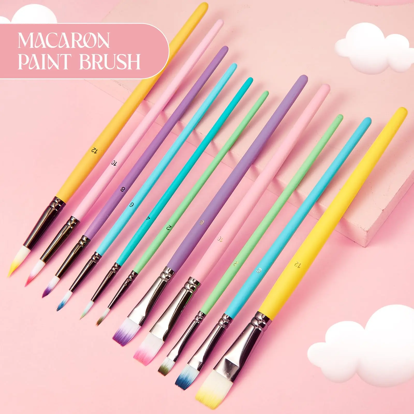 Hot selling paint Brush kit 6 Pcs Set nylon hair Wood Macaron color Handle artist oil water color acrylic paint brush set