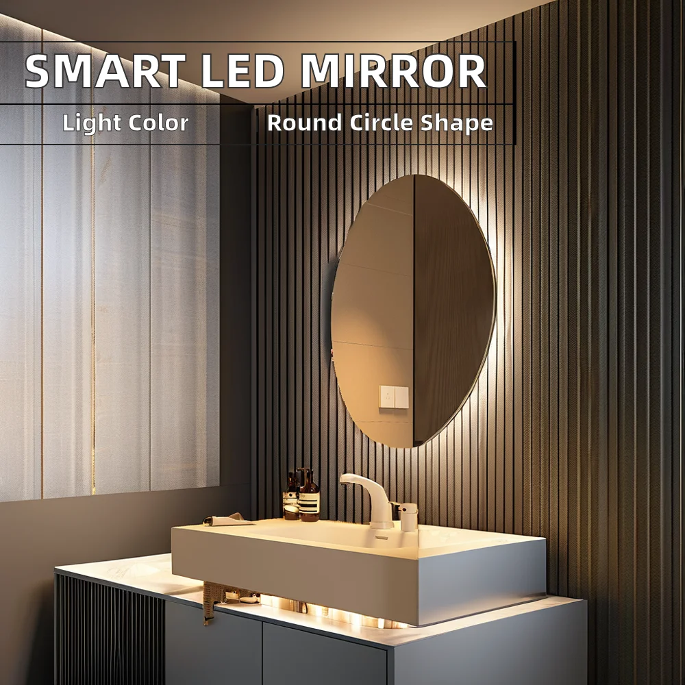Modern LED Backlit Smart Bathroom Vanity round Frameless Wall Hung Mirror with Touch Sensor Switch Oval Shape for Hotels