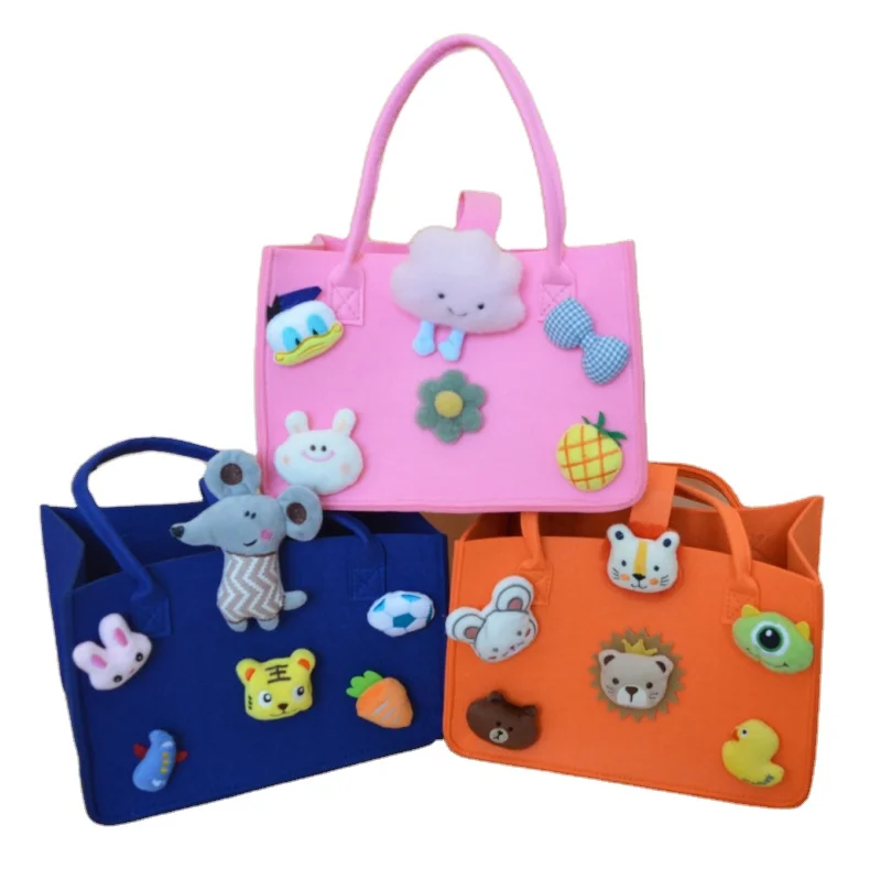 Upin Tote Bag Casual Cute Pink Yellow Cartoon Decor Felt Baby Diaper Caddy Bag