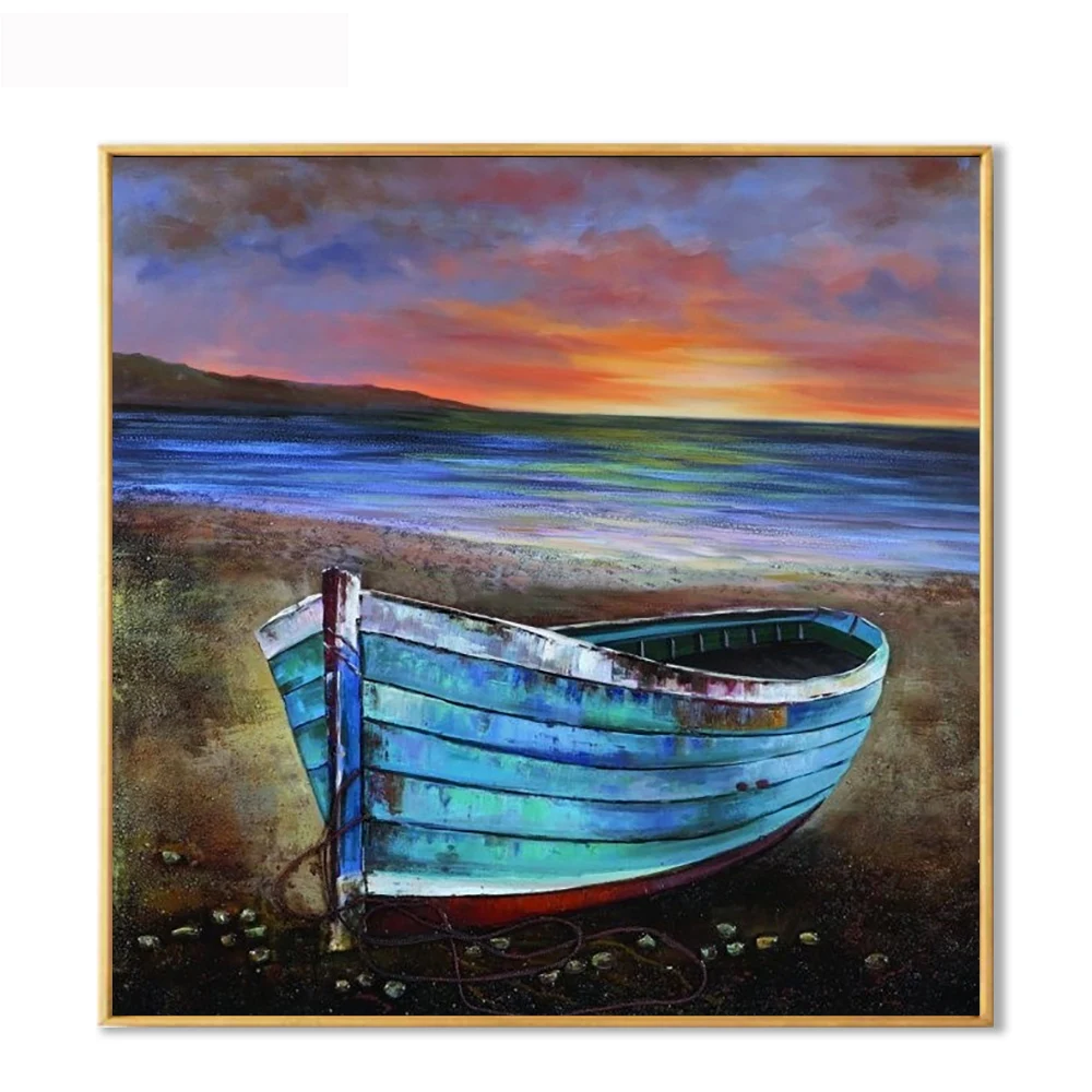 Nice Sandy Beach and Tourists Ship Beautiful Sea Landscape 100% Handmade Modern Decoration Oil Painting on Canvas